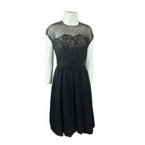 Vintage 1950s Black Sheer Lace Silk Crepe Party Dress / Womens XS